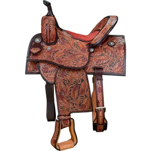 A barrel racing western saddle featuring leather tooled vines  with customizable seat size and personalized silver conchos